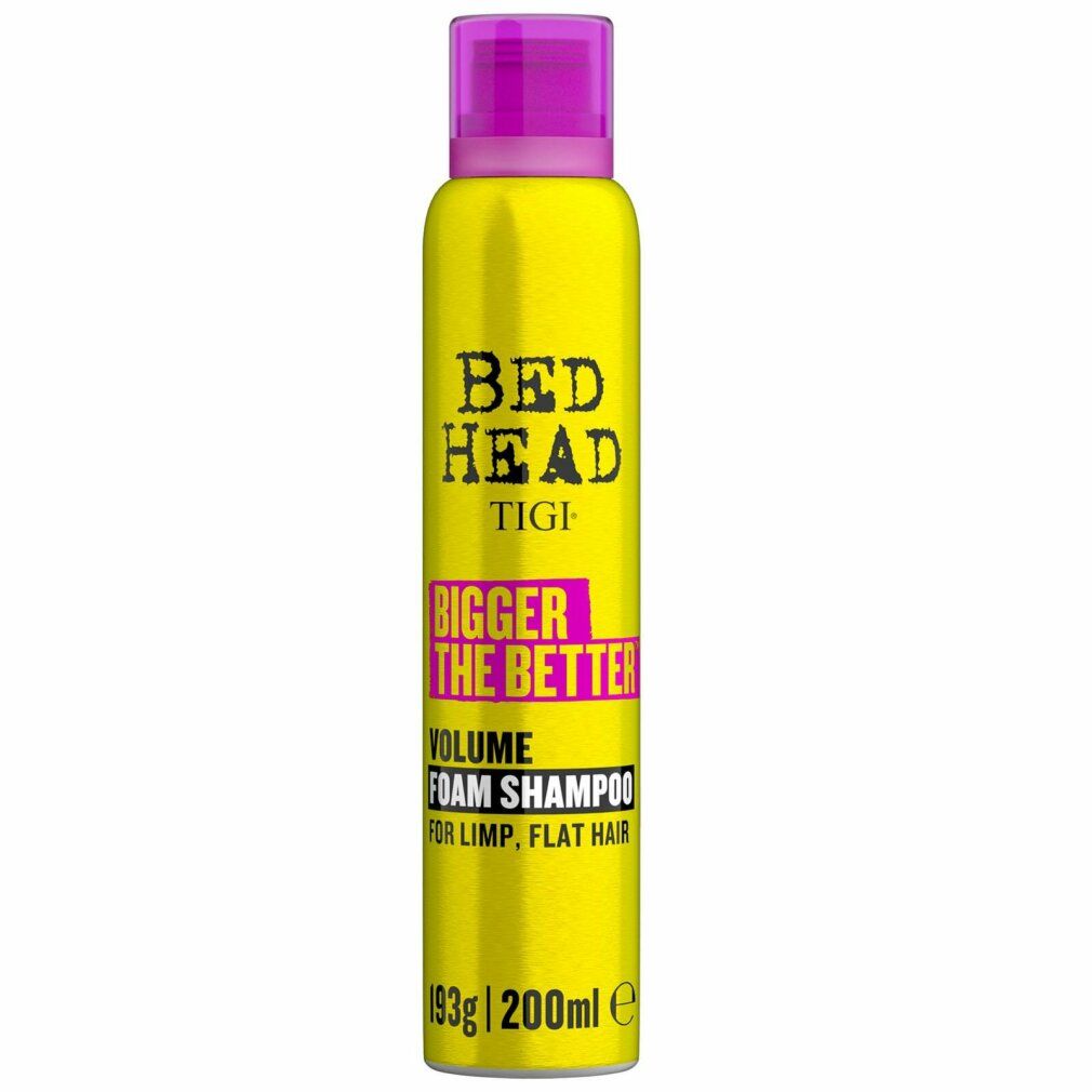 Gelbe Sprühflasche mit lila Verschluss. Aufschrift: Bed Head TIGI, Bigger The Better, Volume Foam Shampoo. Für feines Haar.