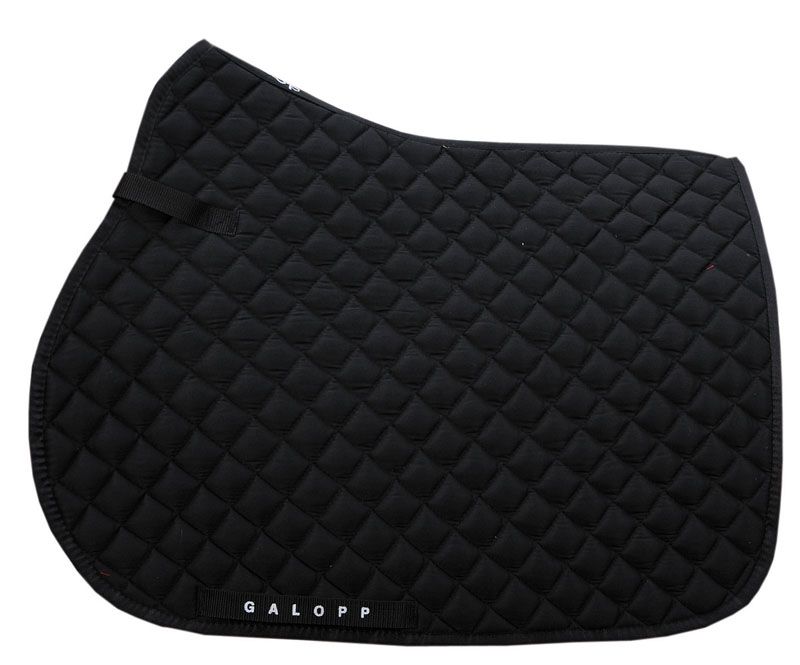 Schwarze Sattelunterlage mit Rautenmuster. Am unteren Rand steht Galopp.
