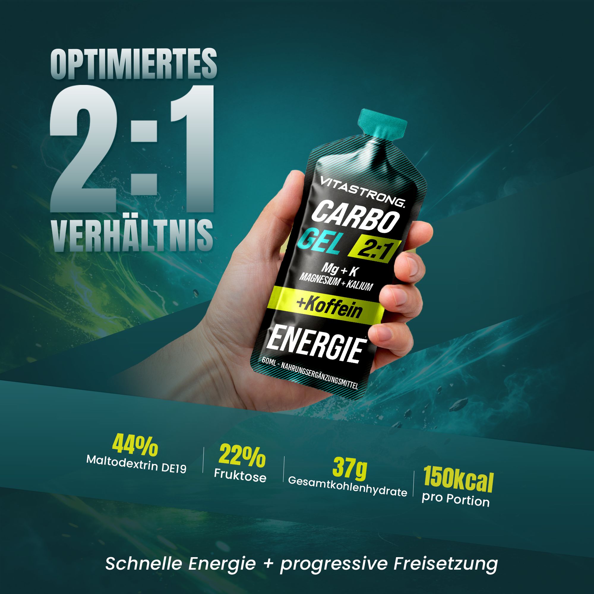 Vitastrong Carbo Gel 2:1 + Koffein. Gel-Packung in Hand. Text: Carbo Gel 2:1, Mg + K, Magnesium + Kalium + Koffein, Energie. Nährwertangaben.