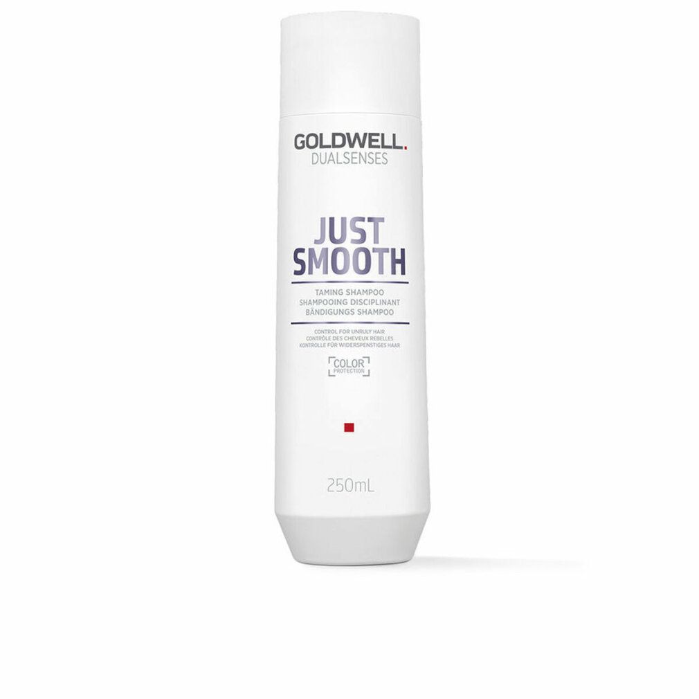 Weiße Flasche mit Goldwell-Logo und Text: JUST SMOOTH Taming Shampoo. 250ml.