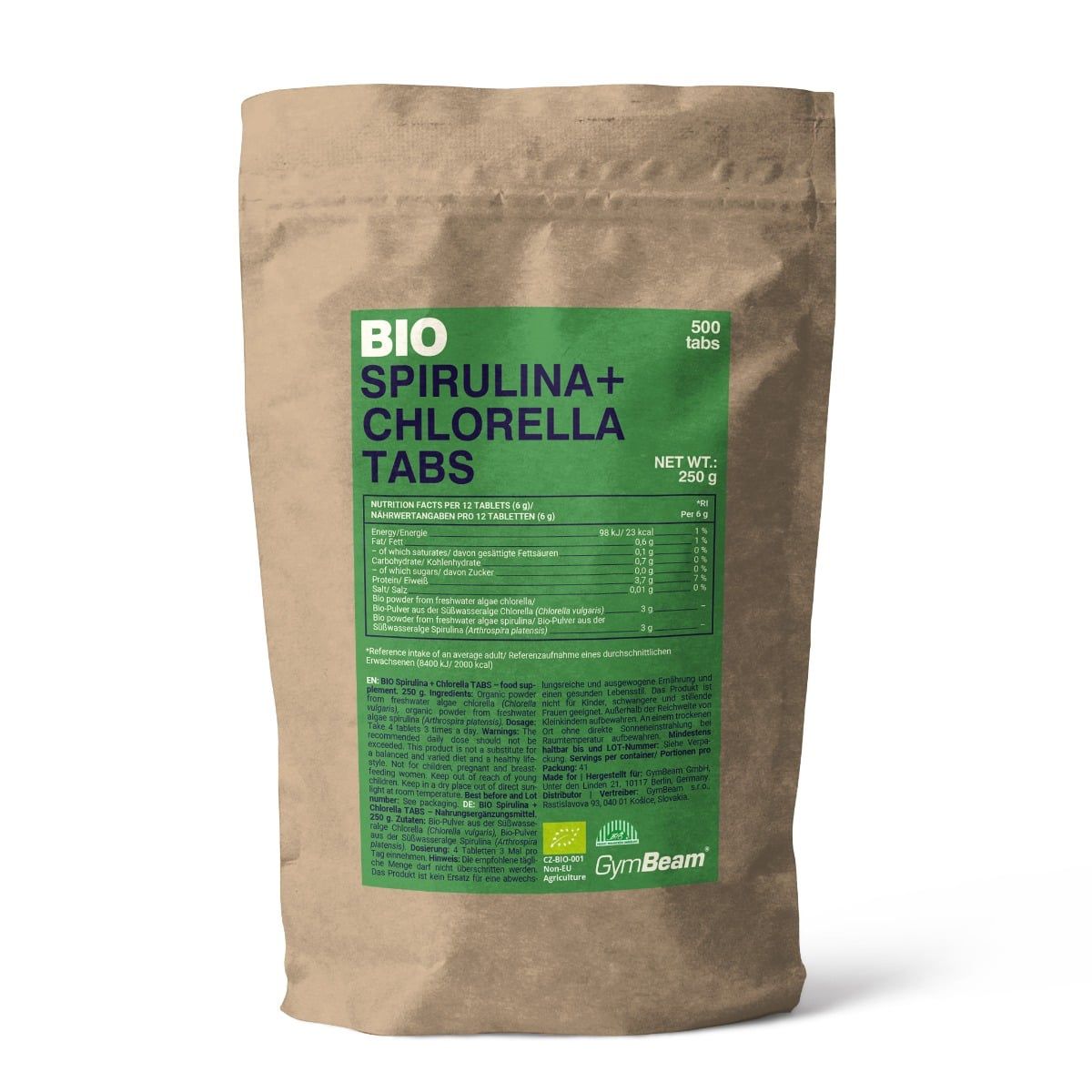 Braune Papiertüte mit BIO SPIRULINA+CHLORELLA TABS Aufschrift und Nährwertangaben. Enthält 500 Tabletten.