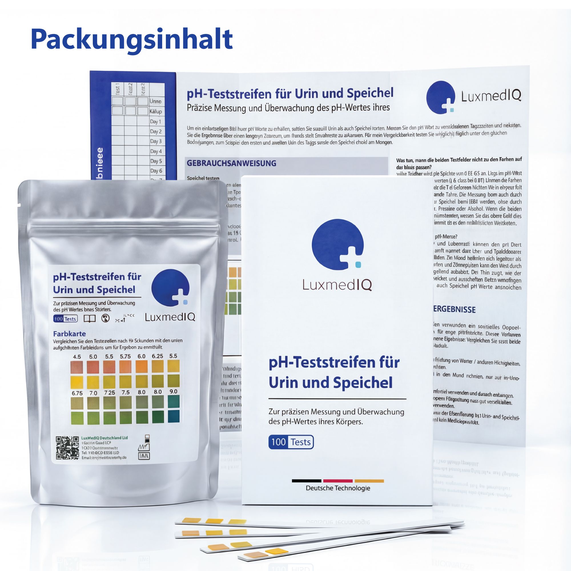 Packungsinhalt: Beutel, Teststreifen, Farbtabelle, Gebrauchsanweisung. Logo LuxmedIQ. Text: pH-Teststreifen für Urin und Speichel. 100 Tests.