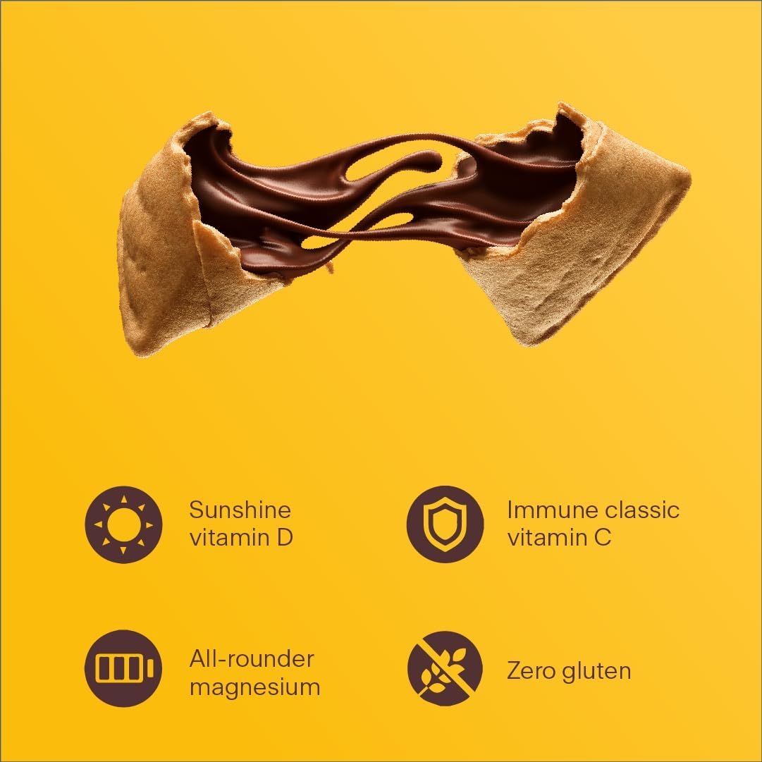 Geöffneter Snack mit Schokoladencreme. Auf gelbem Hintergrund. Symbole: Vitamin D, Vitamin C, Magnesium, glutenfrei.