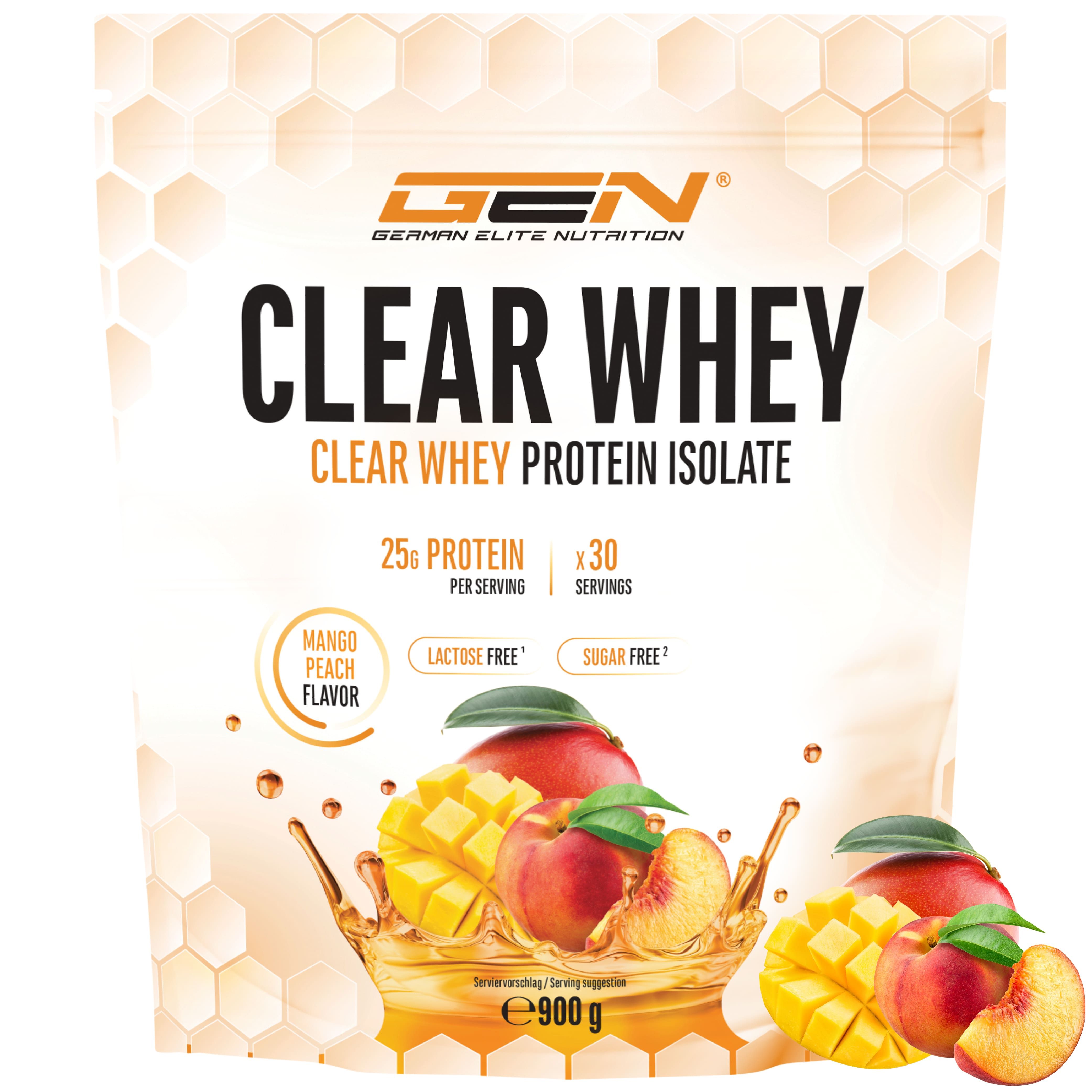 Beutel mit GEN Clear Whey Protein Isolat. Aufschrift: Clear Whey, Mango-Pfirsich-Geschmack, 25g Protein, 30 Portionen, 900g.