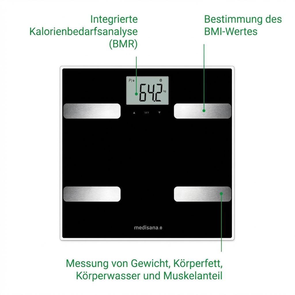 Schwarze Körperanalysewaage mit Beschriftungen für BMR, BMI und Körperzusammensetzung.