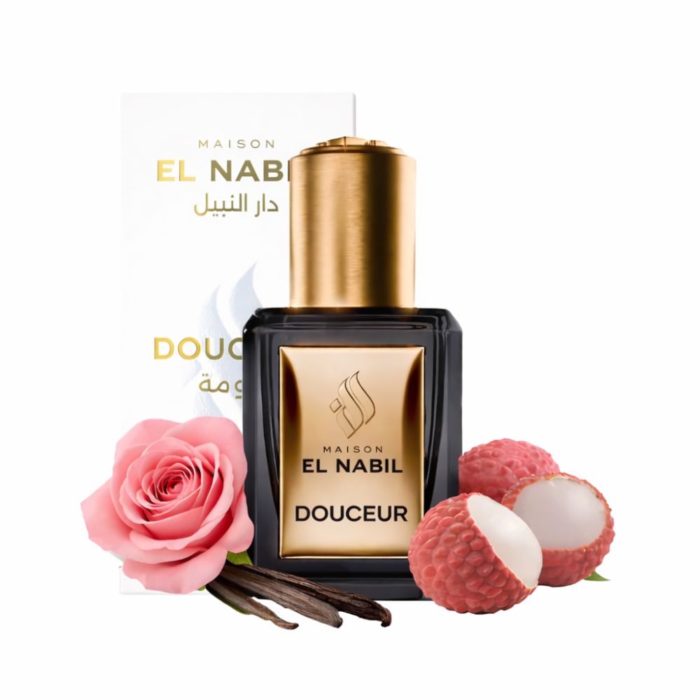 Parfümflasche "Maison El Nabil Douceur" mit Rose, Litschis und Vanilleschoten.