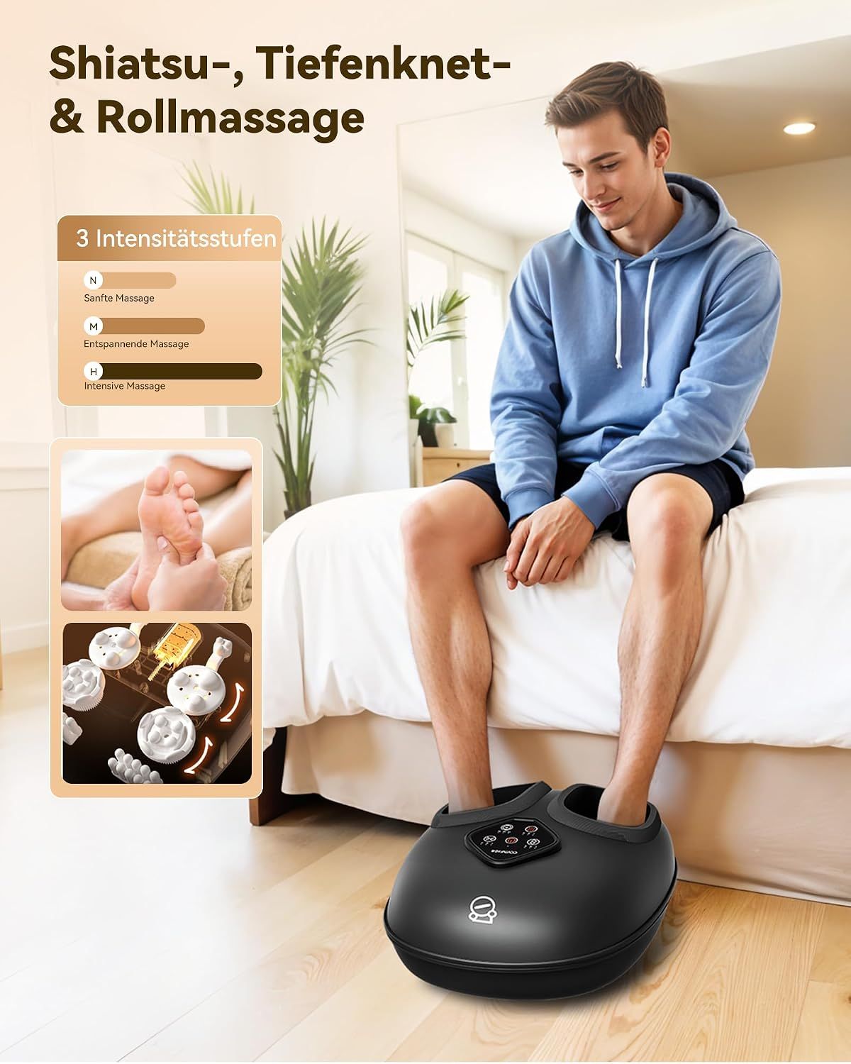 Schwarzer Fußmassagegerät mit Bedienfeld und Heizfunktion, das von einem Mann benutzt wird.