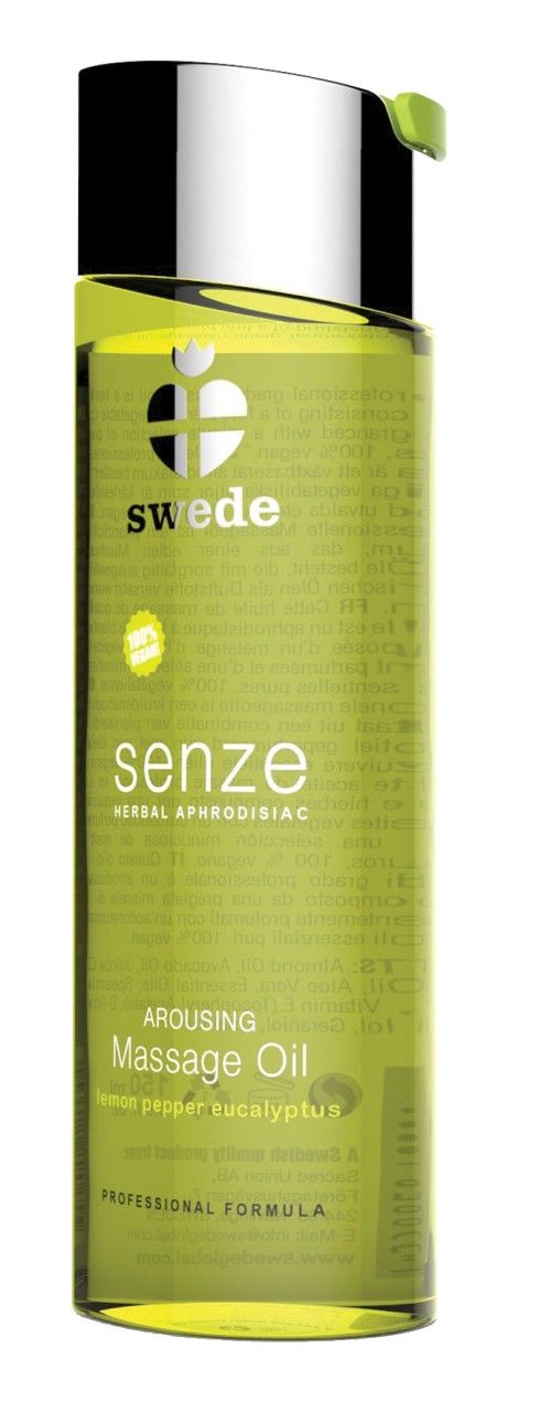 Zylindrische Flasche mit grünlicher Flüssigkeit. Aufschrift: swede, senze, Arousing Massage Oil. Deckel mit grünem Verschluss.