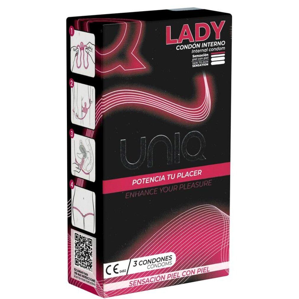 Verpackung für Uniq Lady Kondome, 3 Stück. Zeigt Anwendungshinweise und CE-Kennzeichnung.