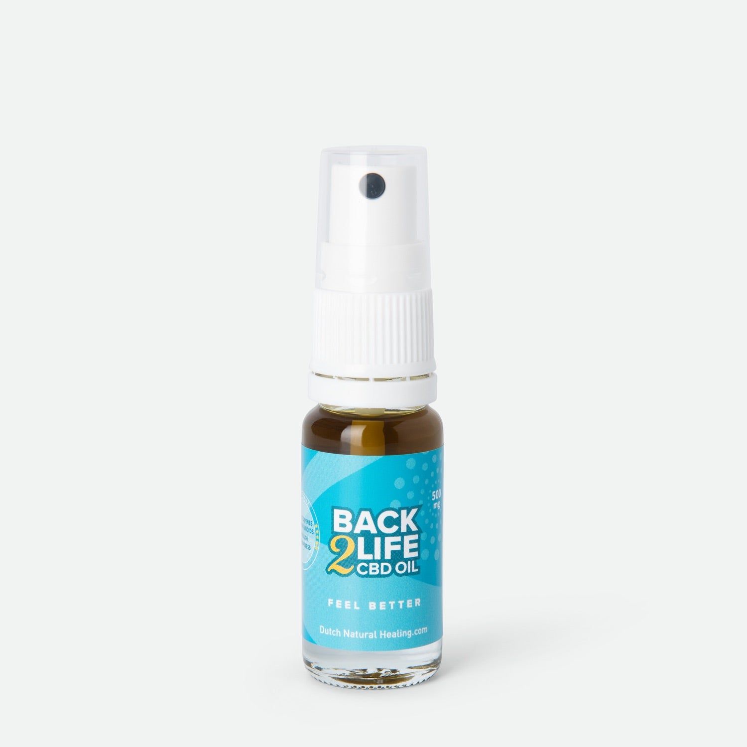 Klarflasche mit weißem Sprühkopf. Blaues Etikett mit "BACK 2 LIFE CBD OIL" und "FEEL BETTER".