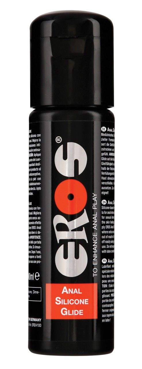 Schwarze Flasche mit schwarzem Deckel. Aufschrift: EROS, Anal Silicone Glide. Text: To enhance anal play.