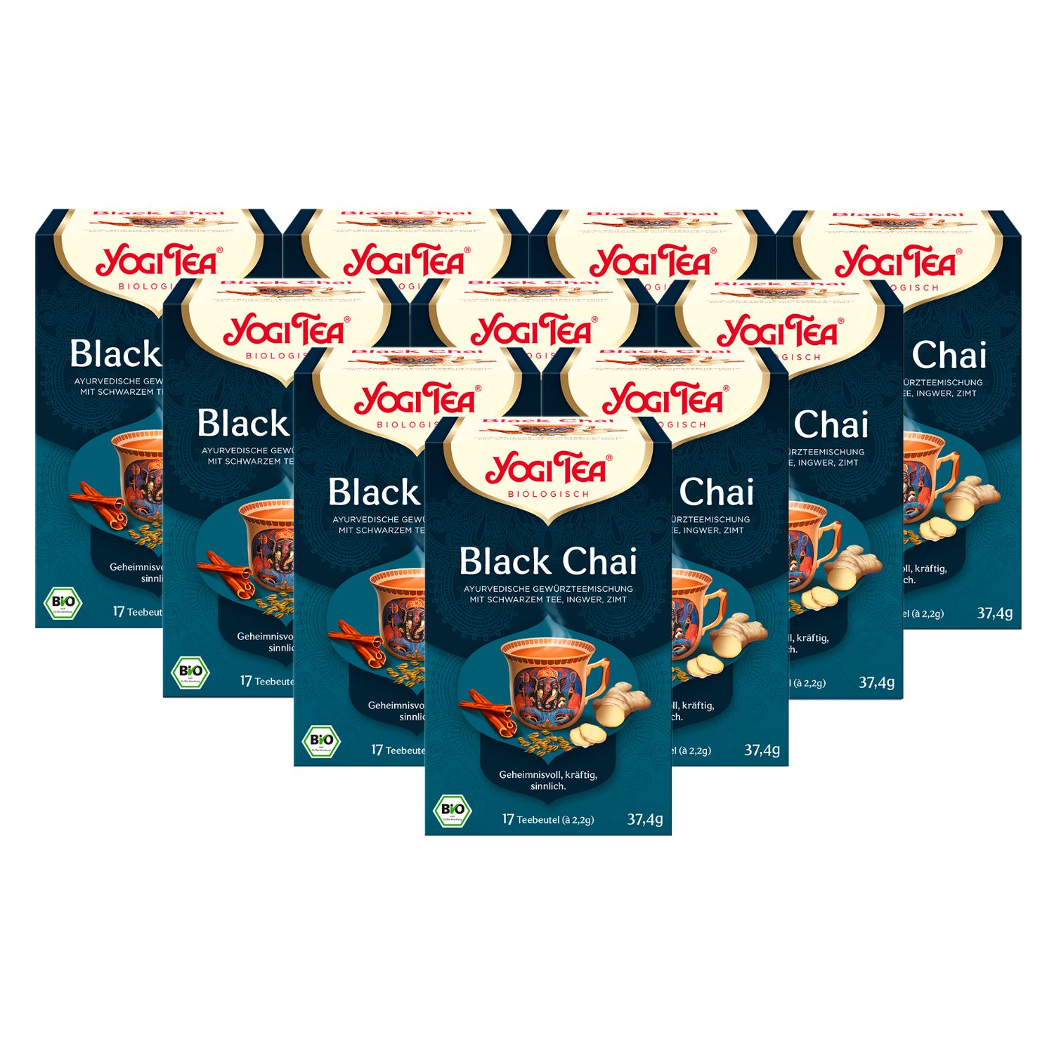 Mehrere Packungen Yogi Tea Black Chai Bio Gewürztee. Dunkelblaue Verpackung mit Logo und Produktbezeichnung. Bio-Siegel.