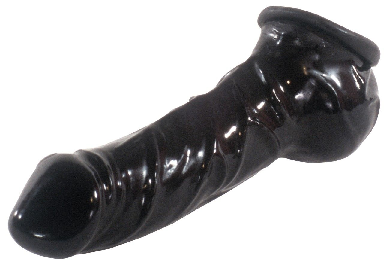 Schwarze Penishülle mit geriffelter Oberfläche und Manschette am Ansatz. Glänzendes Material, leicht gebogen.