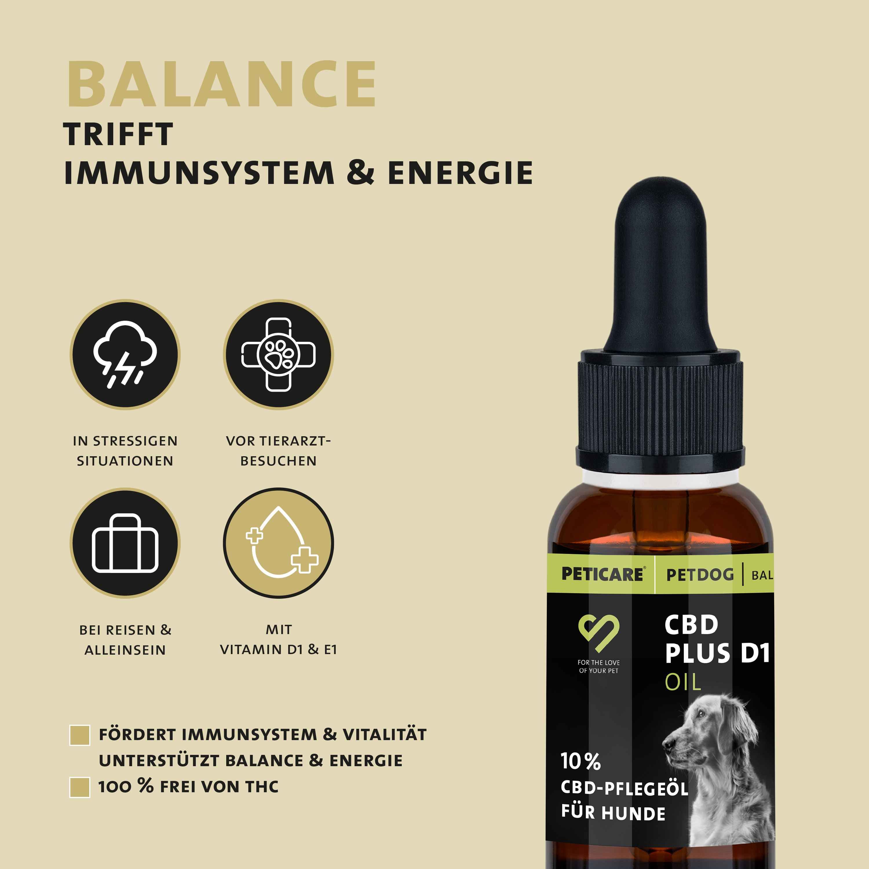 CBD-Öl-Flasche mit Tropfer. Text: Peticare, CBD Plus D1 Oil, 10% CBD-Pflegeöl für Hunde. Grafiken: Stress, Tierarztbesuch, Reisen, Vitamin D1 & E1.