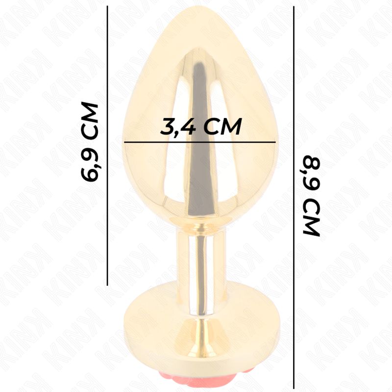 Abmessungen eines goldfarbenen Analplugs mit roter Rose: Länge 8,9 cm, Breite 3,4 cm.