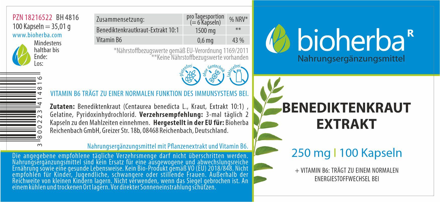 Etikett mit "Bioherba" Logo, "Benediktenkraut Extrakt", und "100 Kapseln". Enthält Informationen zu Inhaltsstoffen und Dosierung.