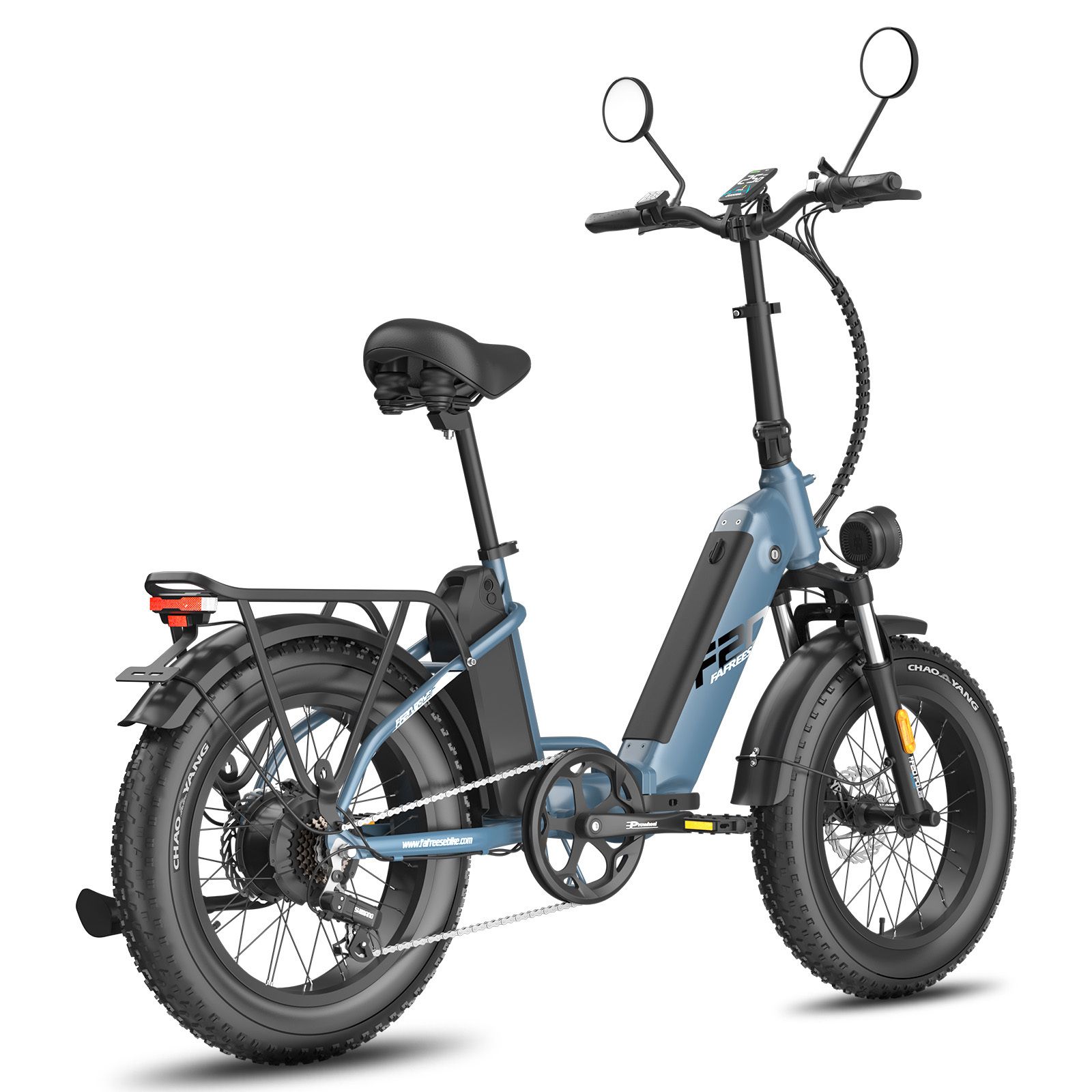 Blaues Fafrees FF20 Polar E-Bike mit Doppelladung. Schwarze Reifen, Sattel und Gepäckträger. Rücklicht.