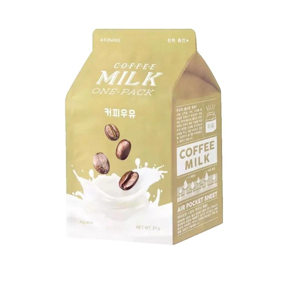 Beige Verpackung in Milchkartonform. Aufschrift "COFFEE MILK ONE-PACK". Abbildung von Kaffeebohnen und Milchspritzern.
