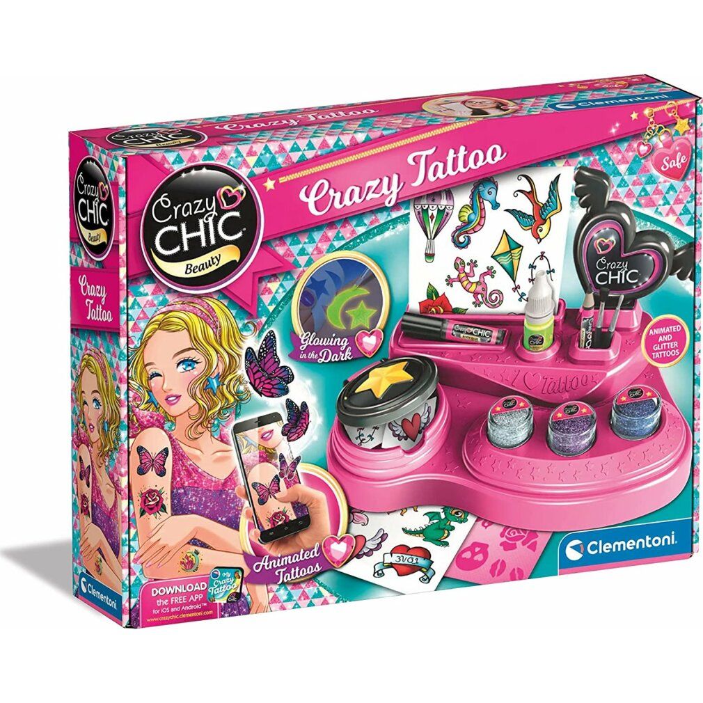 Verpackung von Crazy Chic Crazy Tattoo. Rosa Set mit Zubehör, Glitzer, Schablonen und Aufklebern. Clementoni.
