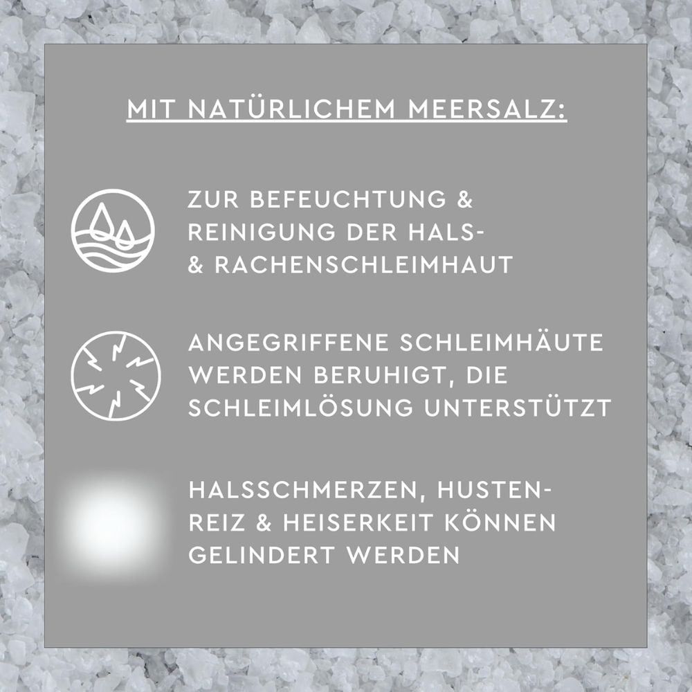 Text auf grauem Hintergrund. Informationen zu Sunlife Hals- und Rachen-Salzpastillen. Beschreibung der Wirkung.