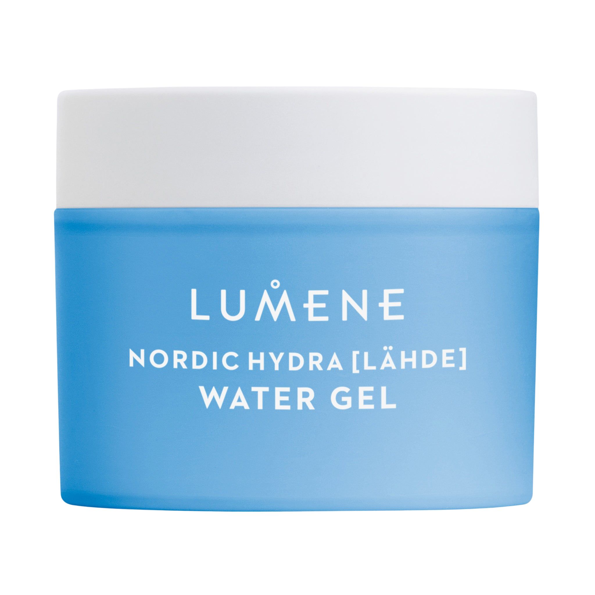 Hellblaues Tiegel mit weißem Deckel. Schriftzug: LUMENE, NORDIC HYDRA [LÄHDE] WATER GEL.