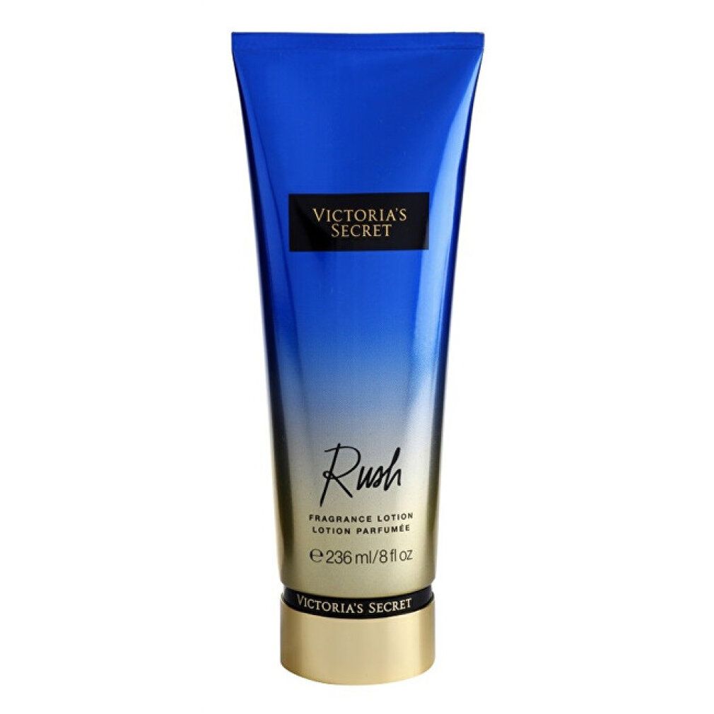Blau-goldene Lotion-Tube. Oben: Victoria's Secret. Mitte: Rush. Unten: 236 ml/8 fl oz. Schwarzer Ring. Goldener Deckel.