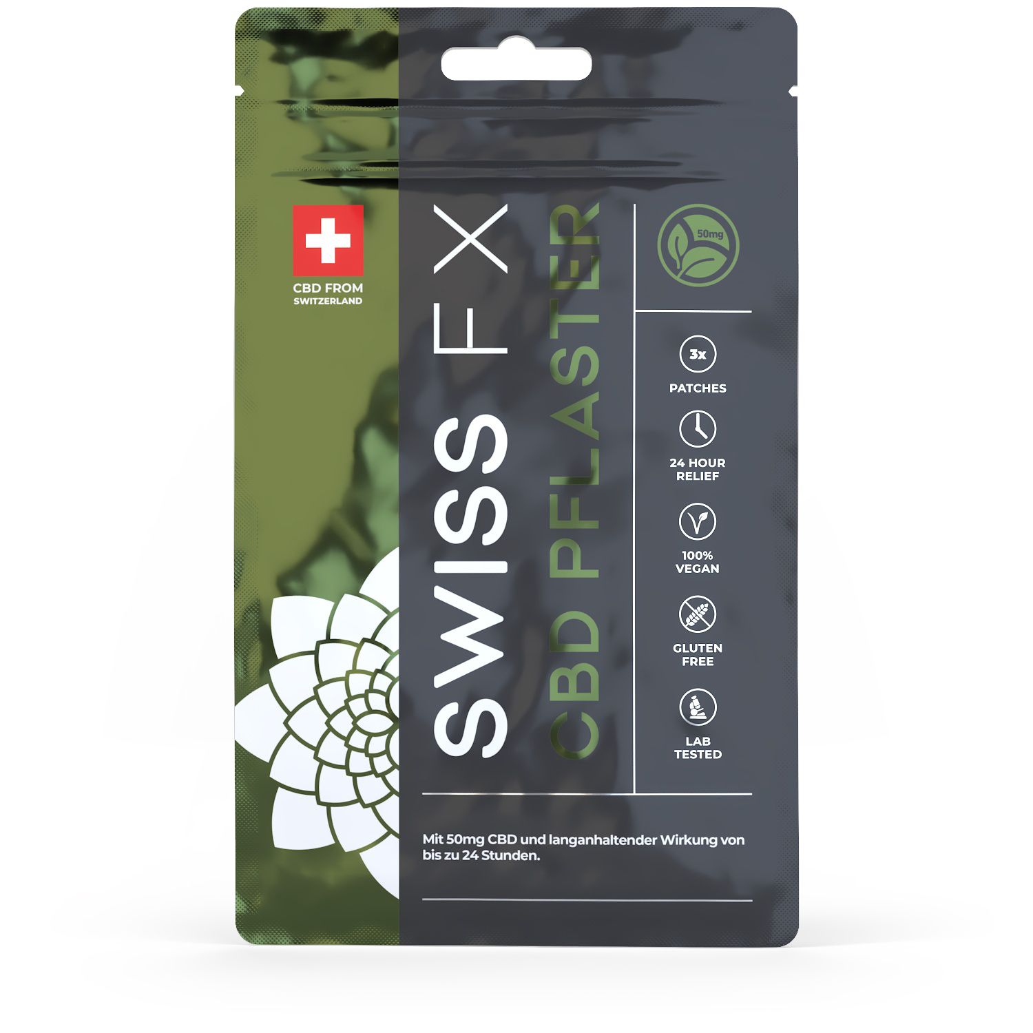 Verpackung von Swiss FX CBD Pflaster mit 50mg CBD. Enthält 3 Patches für 24 Stunden Linderung. Vegan und glutenfrei.