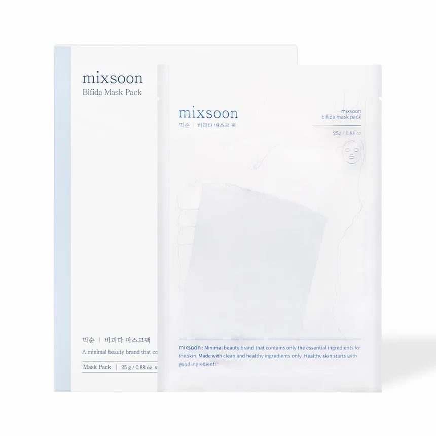Maskenpackung und Kartonverpackung. Der Markenname mixsoon und der Produktname Bifida Mask Pack sind sichtbar.