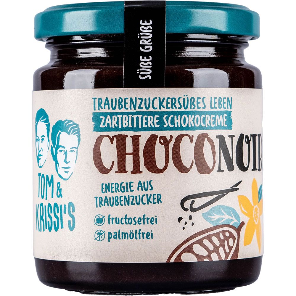 Glas mit Schokocreme. Aufschrift: Choconoir, Traubenzucker, fructosefrei, palmölfrei. Abbildung von Gesichtern, Vanille, Kakaobohne.