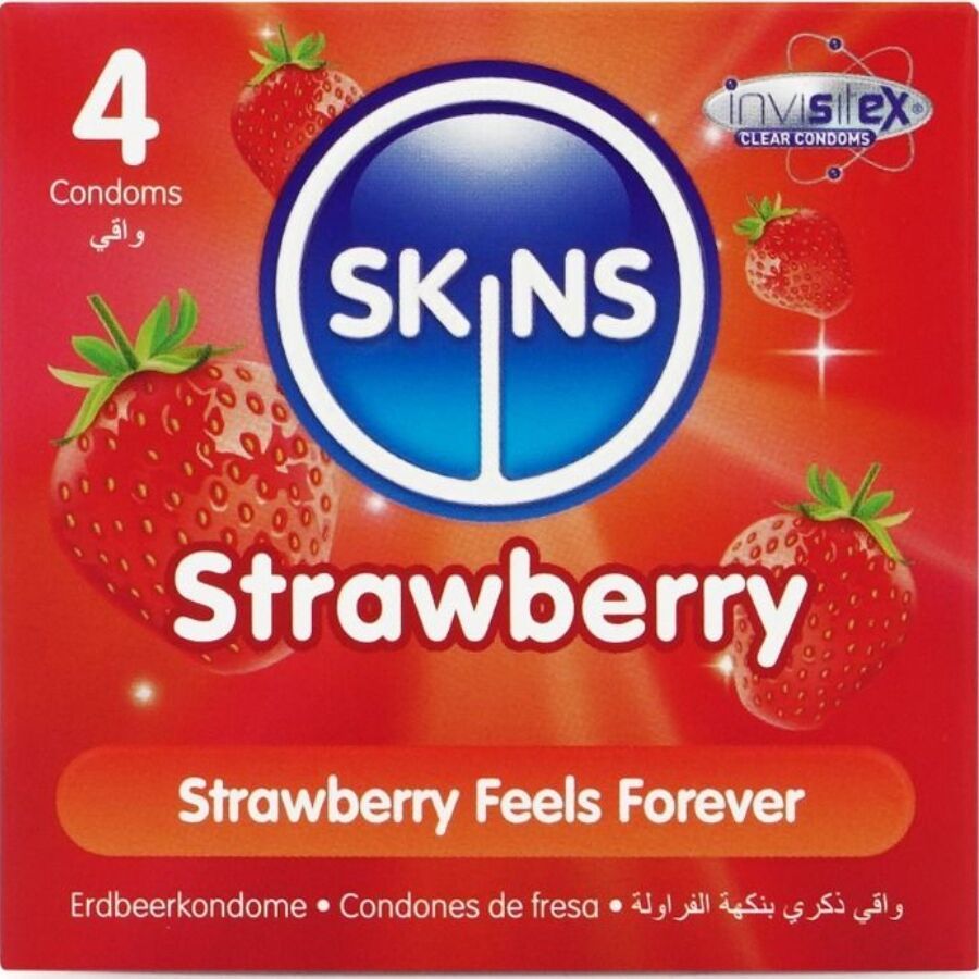 Verpackung mit 4 Kondomen. Marke: Skins Strawberry. Erdbeeren-Design. Text: Strawberry Feels Forever.