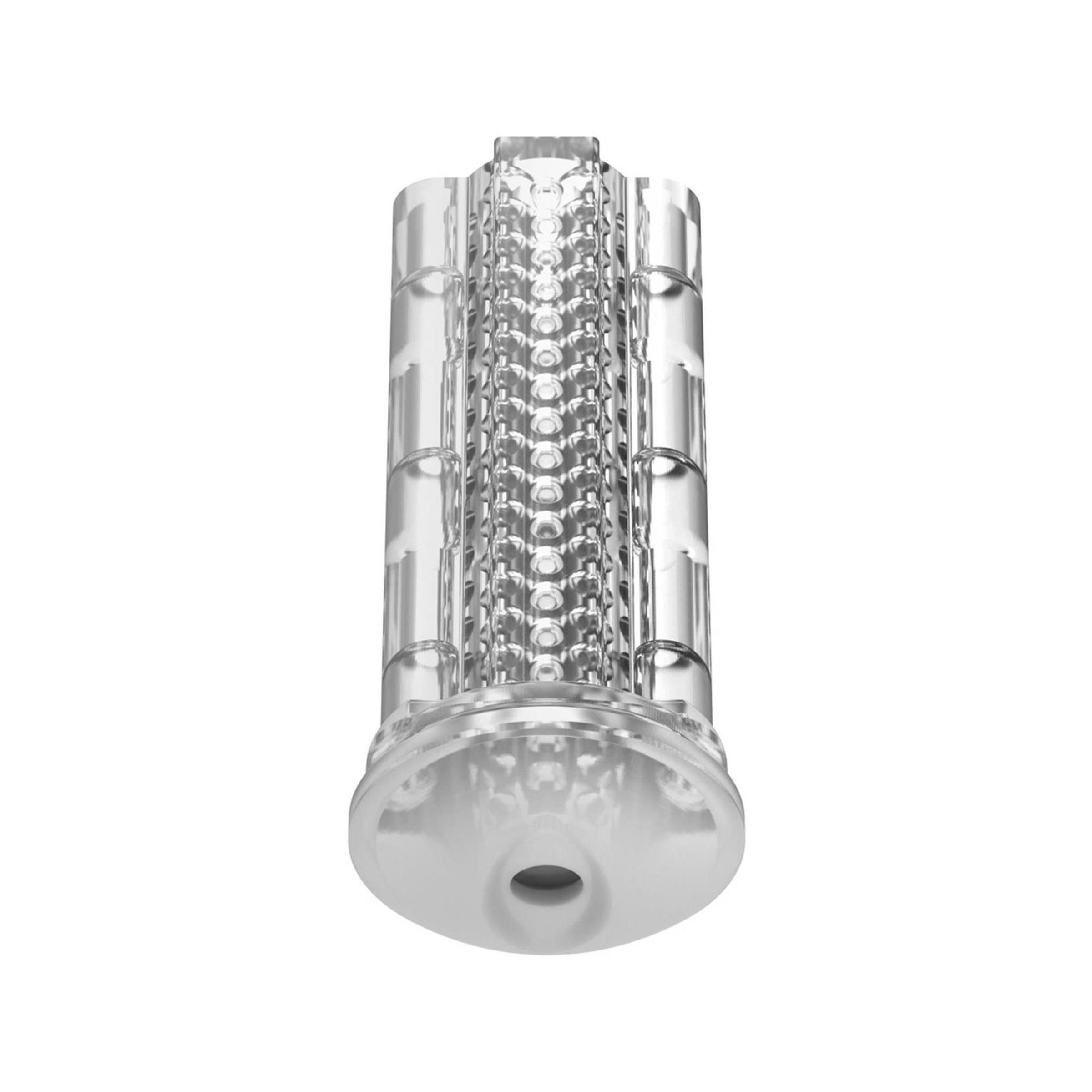 Klarer, texturierter Vagina Sleeve Masturbator mit geripptem Griffdetail.