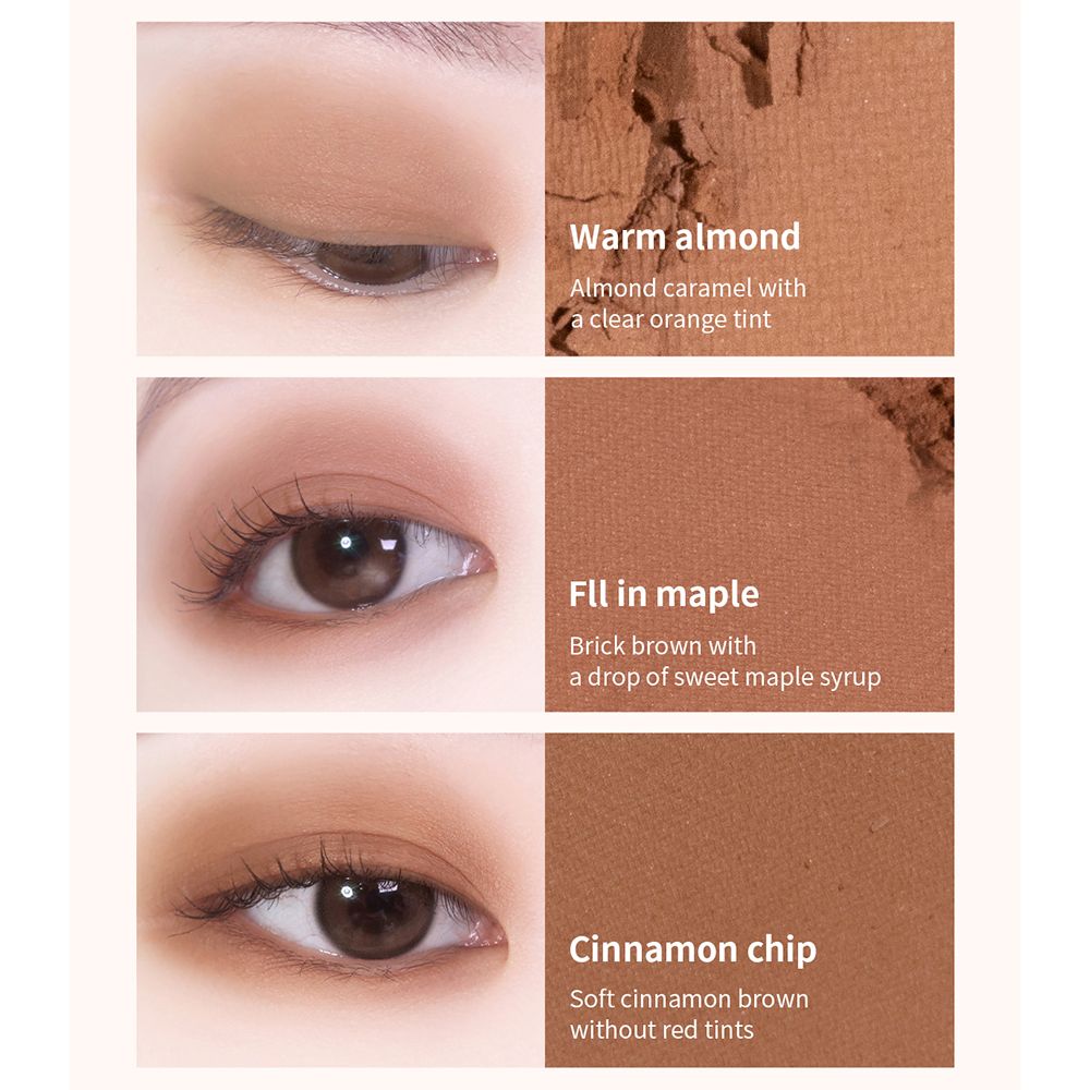 Nahaufnahmen von Augen mit Lidschatten. Warm almond, Fill in maple, Cinnamon chip. Textbeschreibungen.