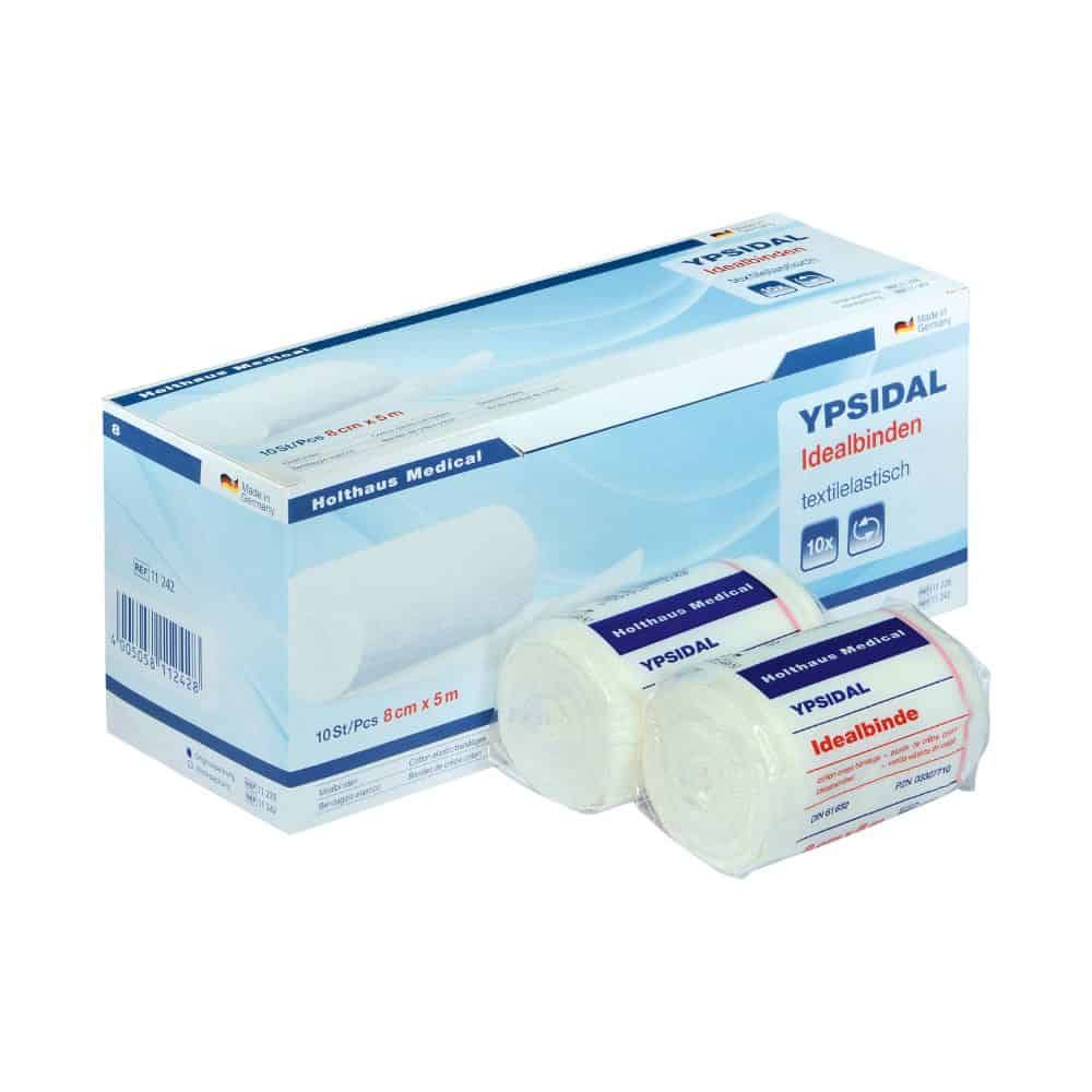 Zwei Rollen textilelastische Idealbinden 8 cm x 5 m von YPSIDAL Medical auf weiß-blauem Karton.