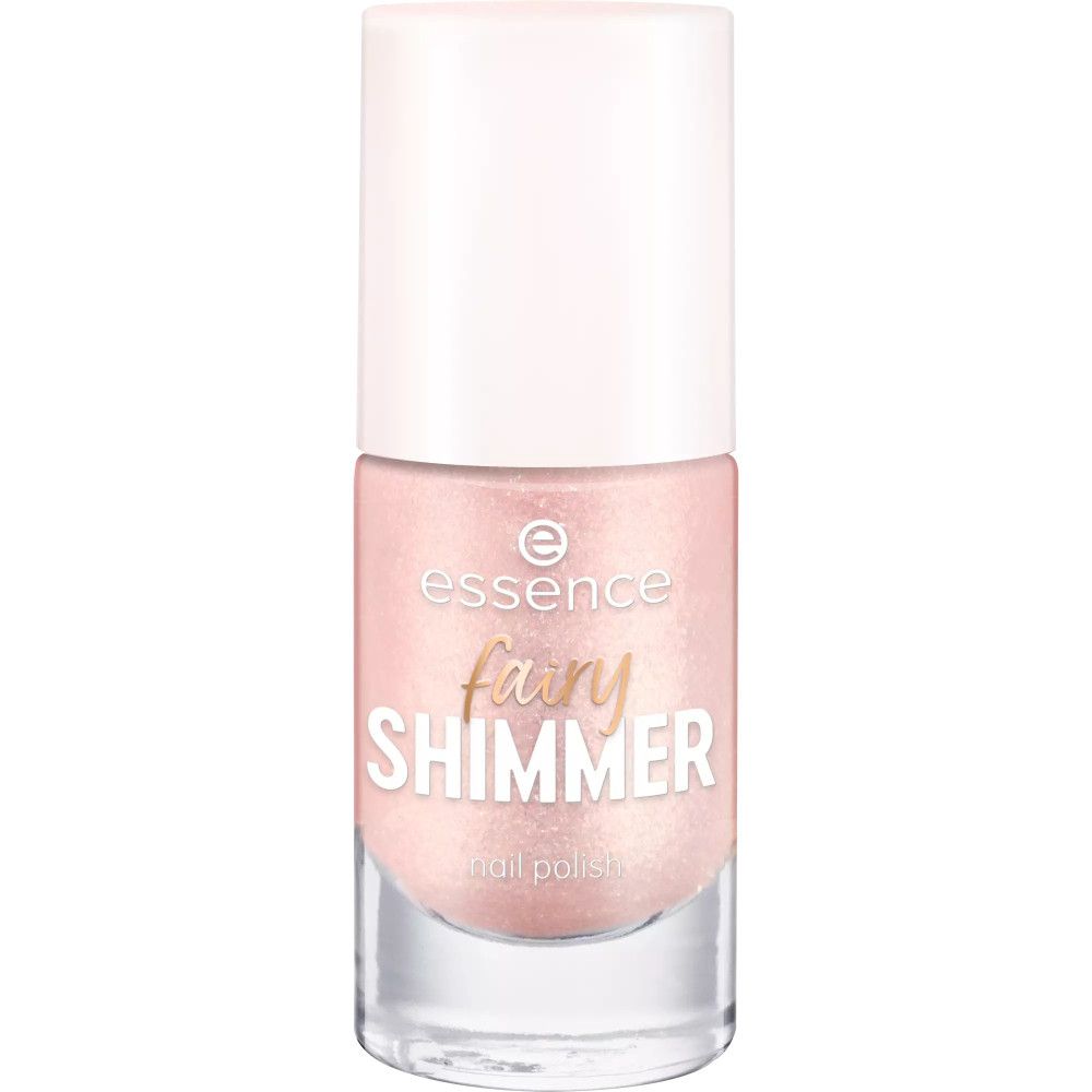 Essence Fairy Shimmer Nagellack, rosa schimmernd, mit weißem Deckel. Produktname und Marke deutlich sichtbar.