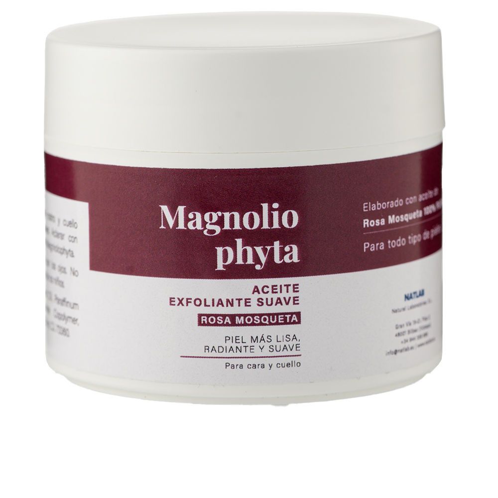 Weißer Tiegel mit rotem Aufkleber. Aufschrift: Magnolio phyta, Aceite exfoliante suave, Rosa mosqueta. Für Gesicht und Hals.