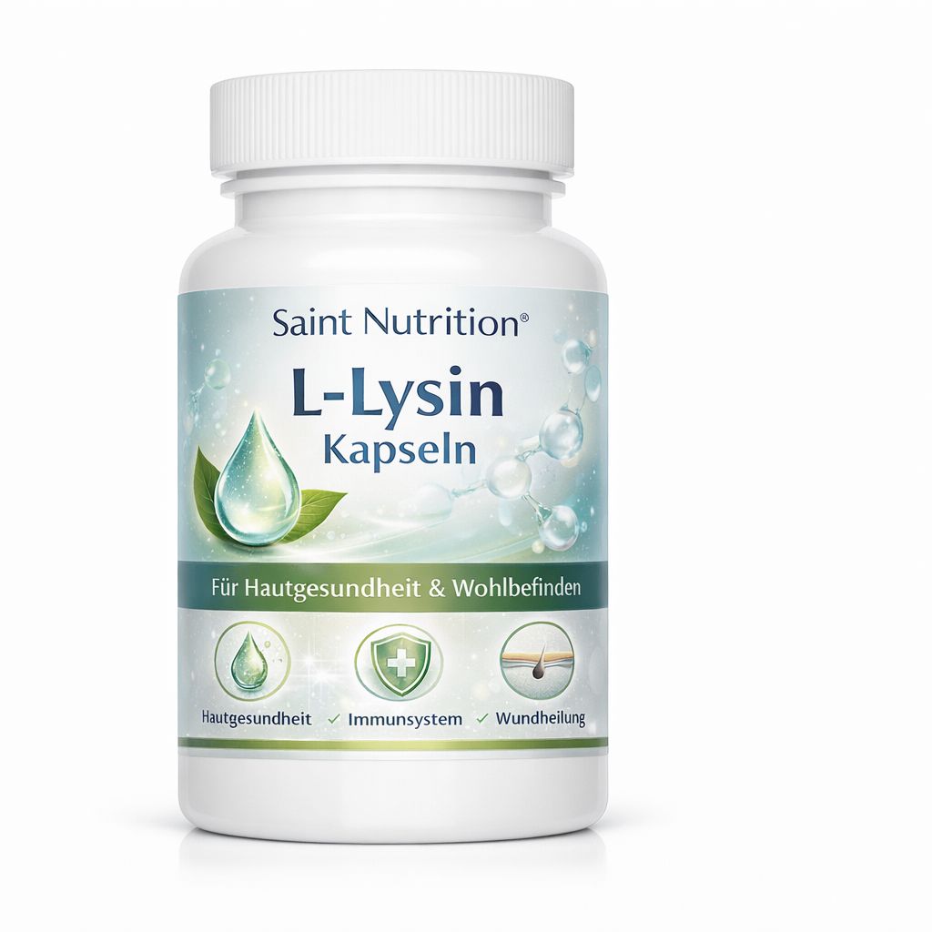 Weiße Flasche mit Saint Nutrition L-Lysin Kapseln. Aufschrift: Für Hautgesundheit & Wohlbefinden. Symbole für Hautgesundheit, Immunsystem, Wundheilung.