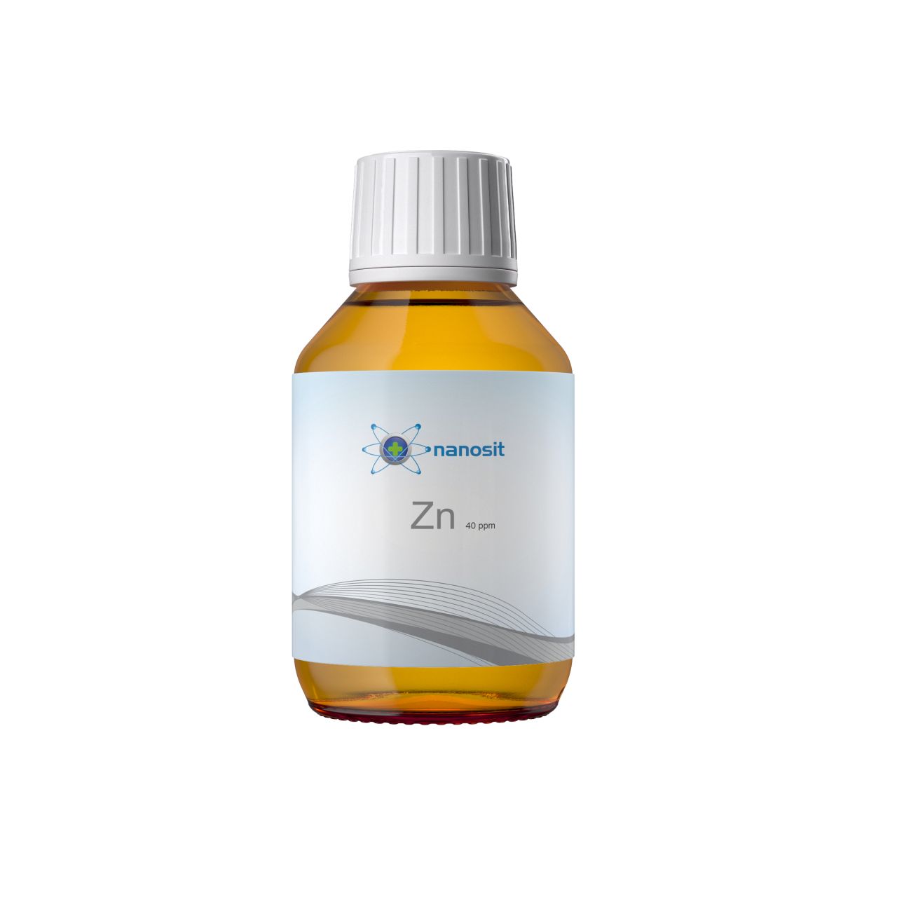 Braune Glasflasche mit weißem Deckel. Etikett mit Logo und Schriftzug "Zn 40 ppm".