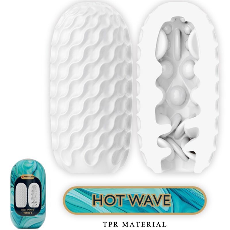 Weißer Penisstroker, Innenansicht mit Noppen/Rillen, Verpackung und Band "HOT WAVE". TPR-Material.