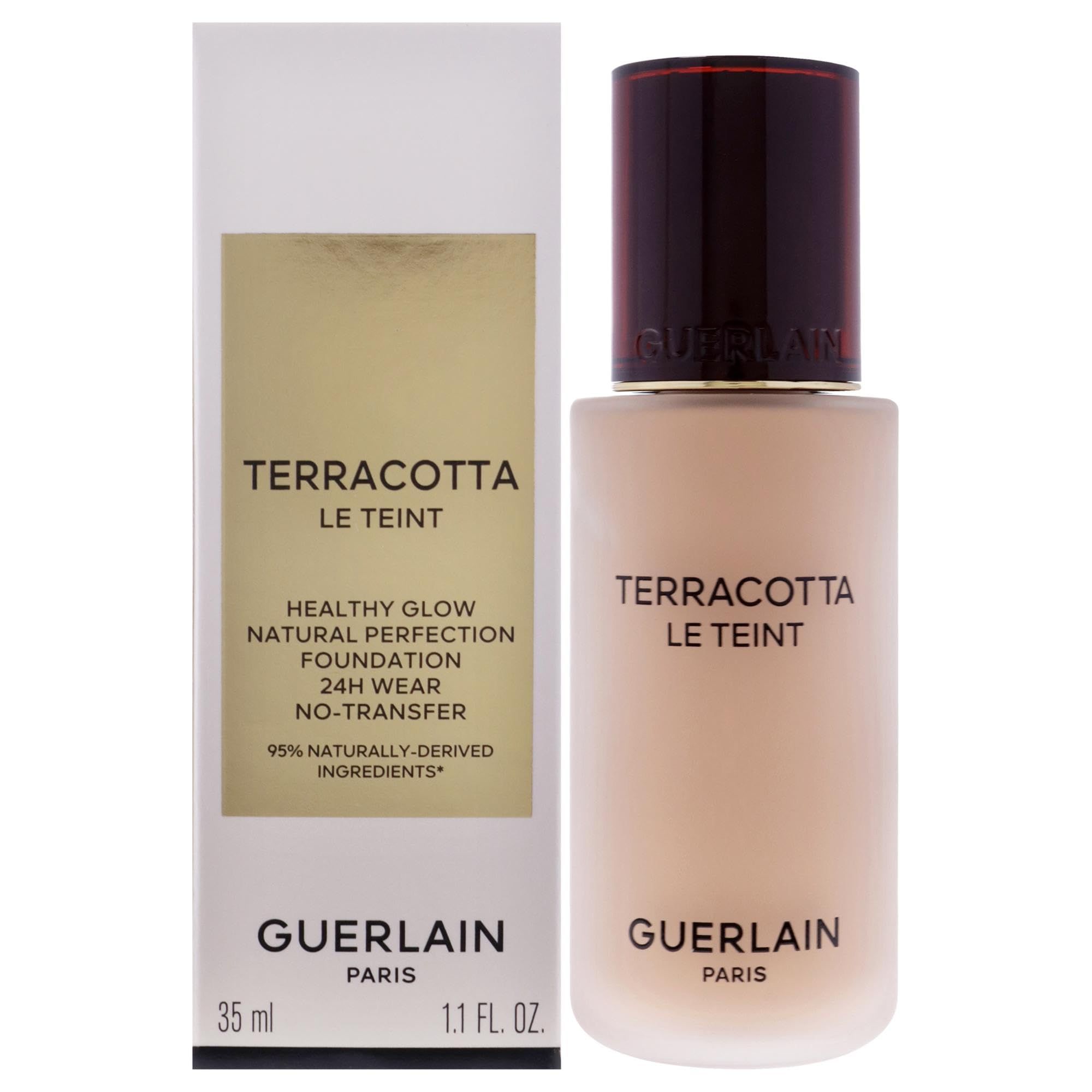 Guerlain Terracotta Le Teint Foundation. Flasche und Verpackung. Text: Healthy Glow, Natural Perfection, 24H Wear, No-Transfer. 35 ml, 1.1 FL. OZ.