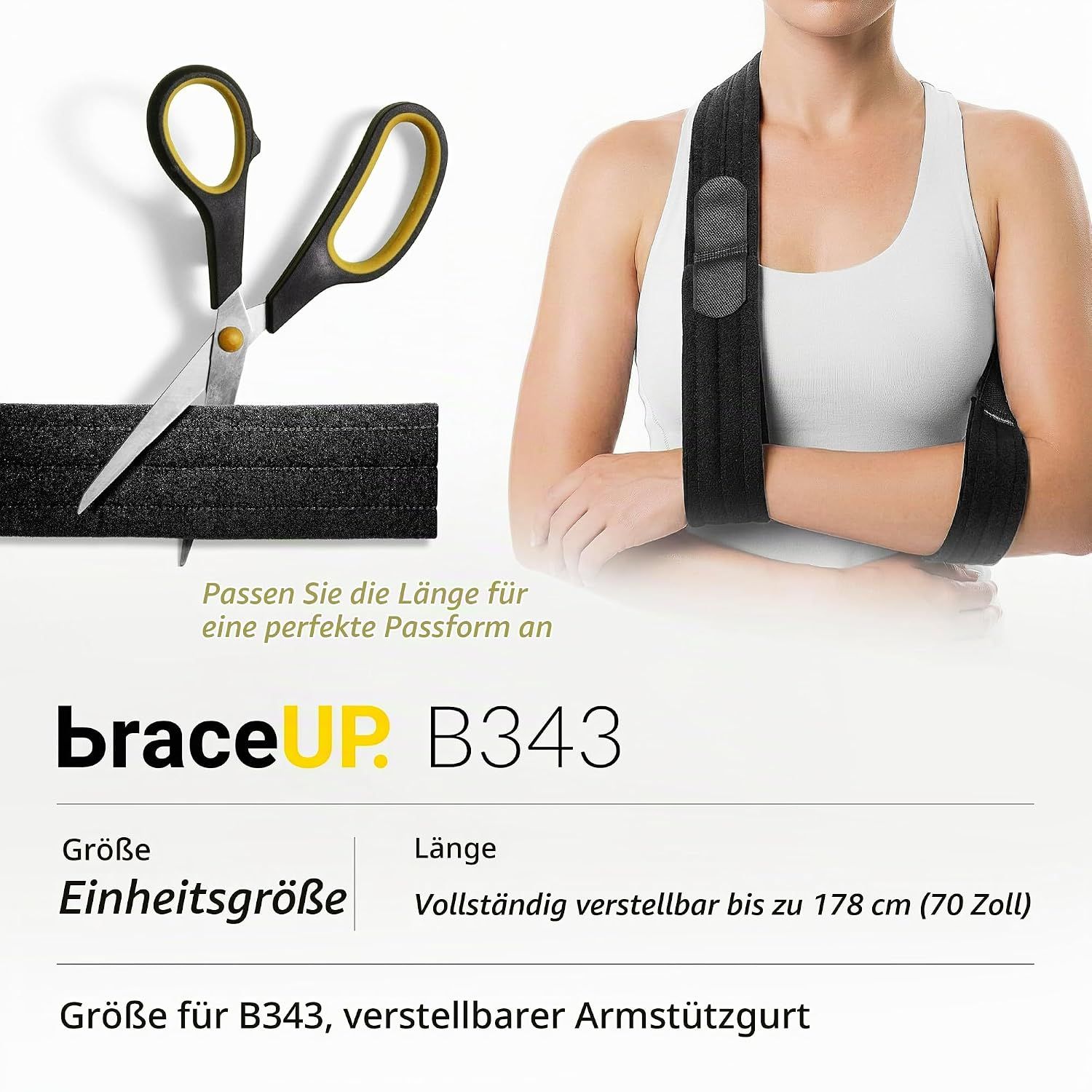 Schwarzer Armstützgurt, der auf die richtige Länge zugeschnitten wird.