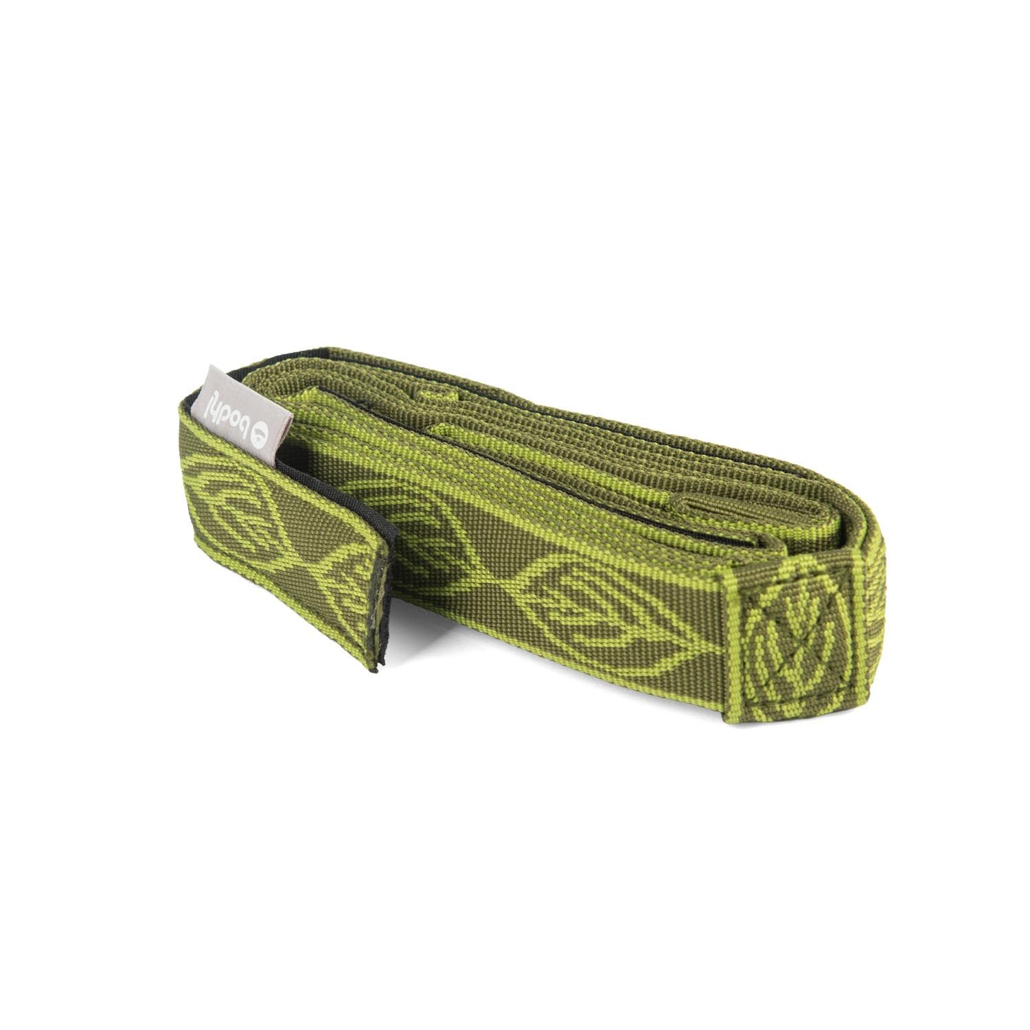 Olivgrüner Yogamatten-Tragegurt mit Blattmuster. Bodhi-Logo. Gewebtes Material.