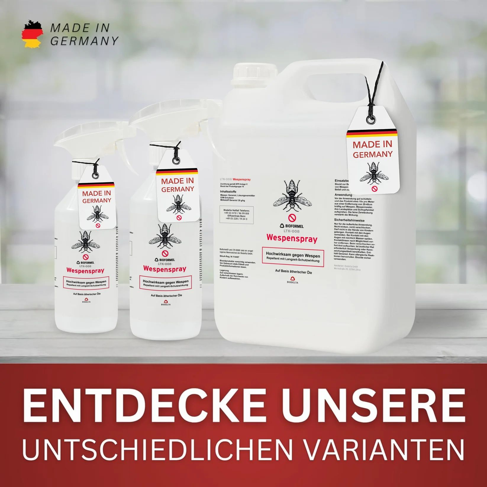 Drei Weitenspray-Varianten. Made in Germany-Etikett. Verschiedene Größen. Entdecke unsere unterschiedlichen Varianten.