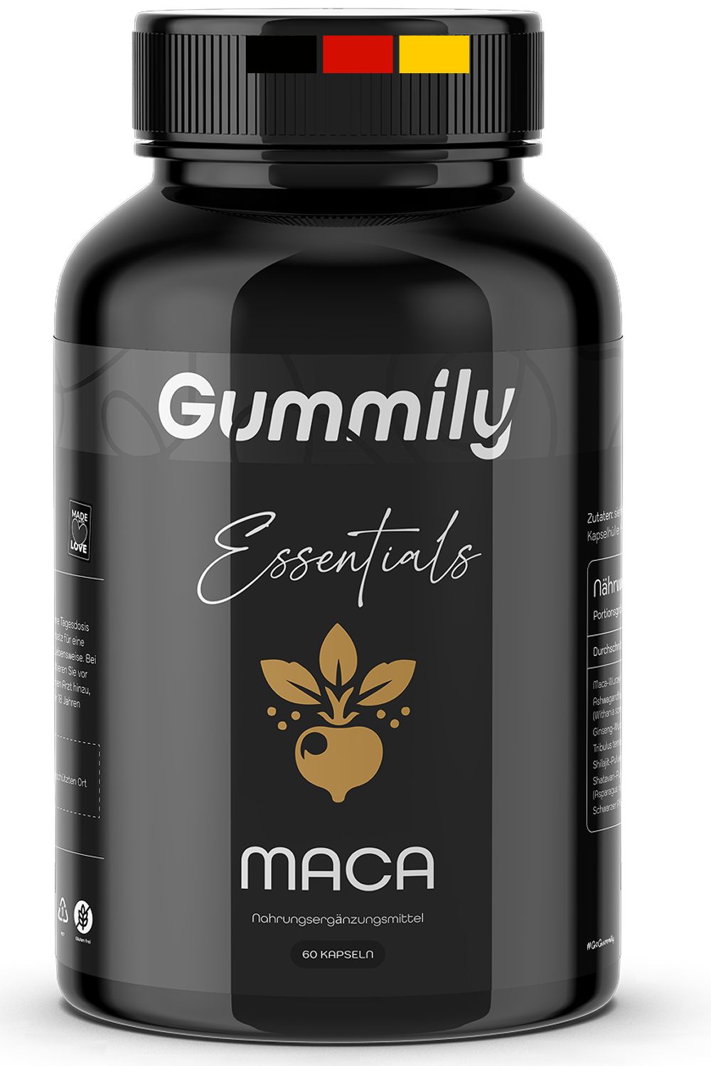 Schwarze Kapsel-Dose mit weißem Etikett. Aufschrift: Gummily Essentials, Maca. 60 Kapseln. Deckel mit Deutschland-Flagge.