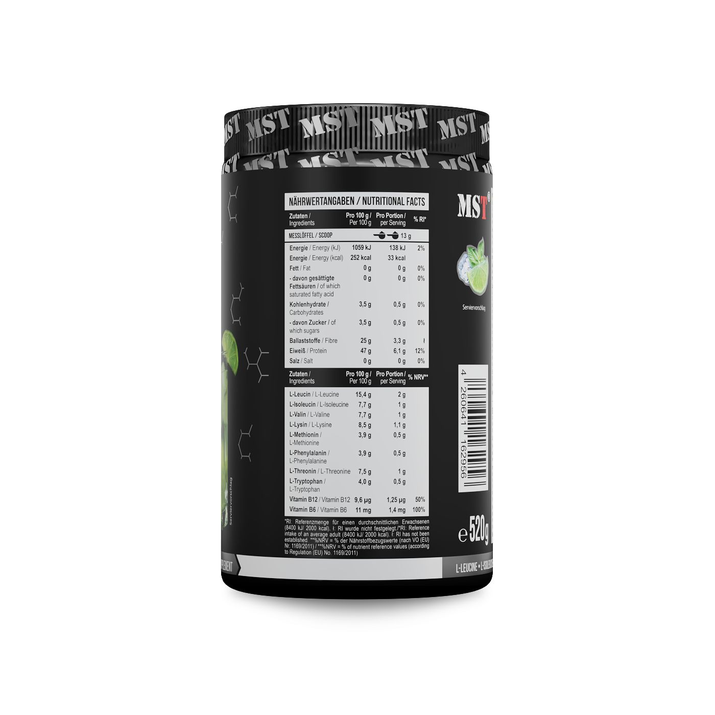 Schwarzer Behälter mit Nährwertangaben und Aminosäureprofil für MST BCAA & EAA.