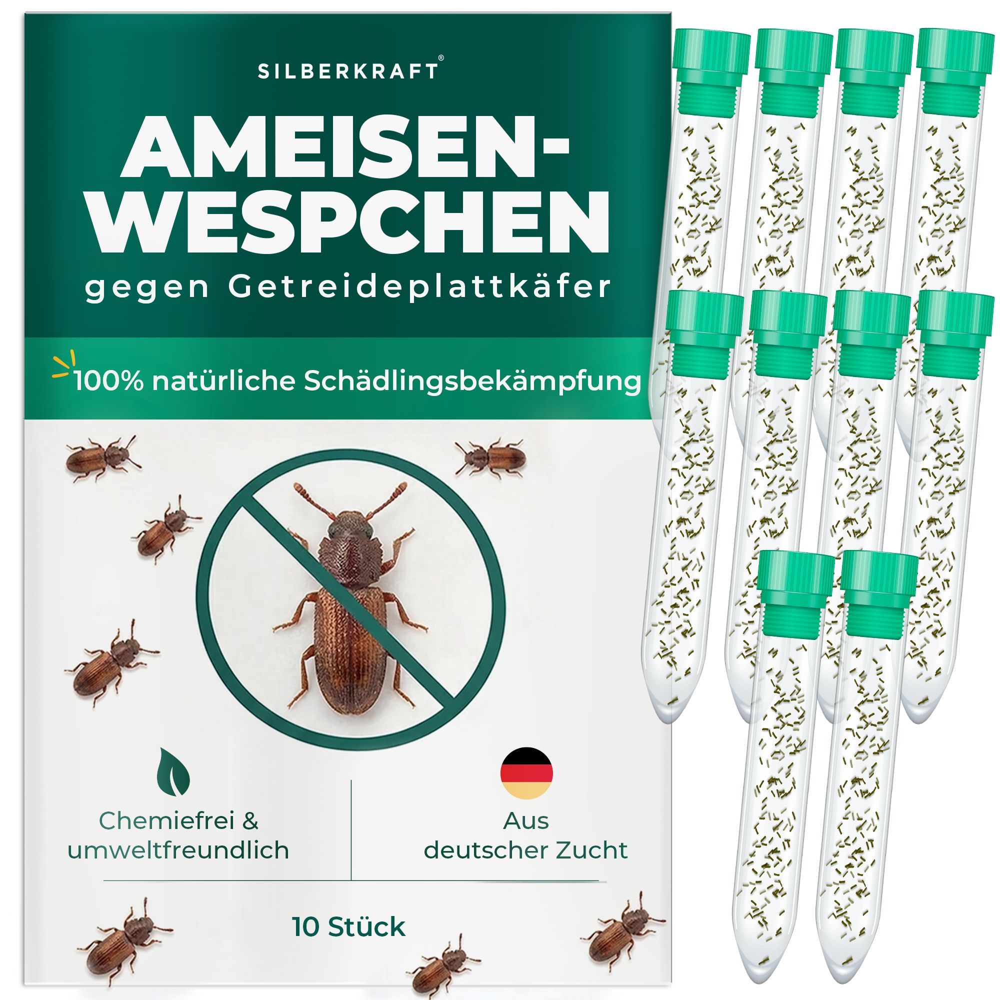 Verpackung mit Aufschrift 'Ameisen-Wespen' und zehn Röhrchen mit biologischem Schädlingsbekämpfungsmittel.
