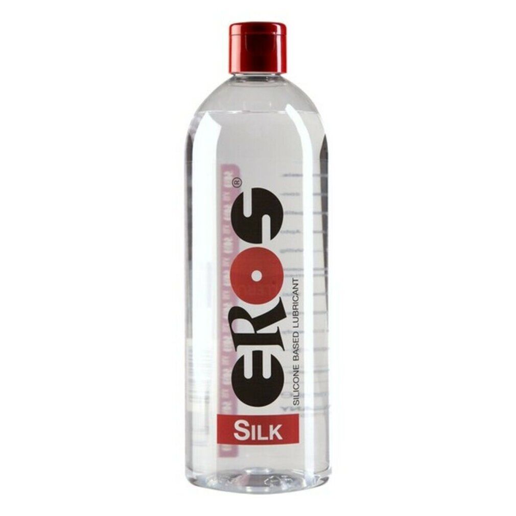 Transparente Flasche mit rotem Deckel. Aufdruck: EROS, SILK. Text: SILICONE BASED LUBRICANT.