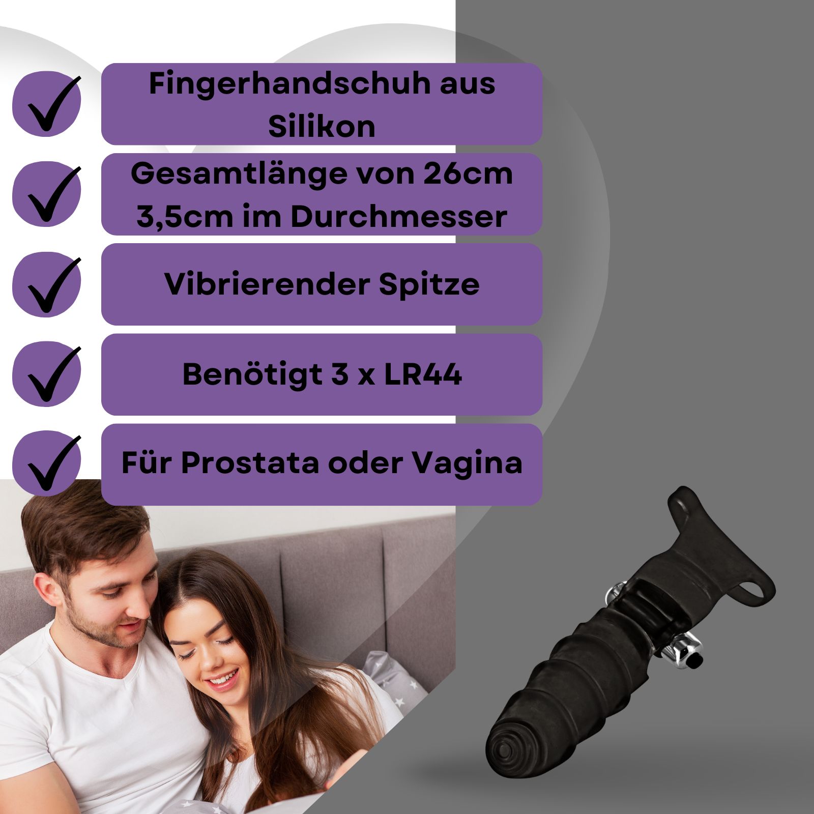 Produktabbildung mit Text: Fingerhandschuh aus Silikon, 26cm lang, 3,5cm Durchmesser, vibrierende Spitze, 3x LR44, für Prostata/Vagina.