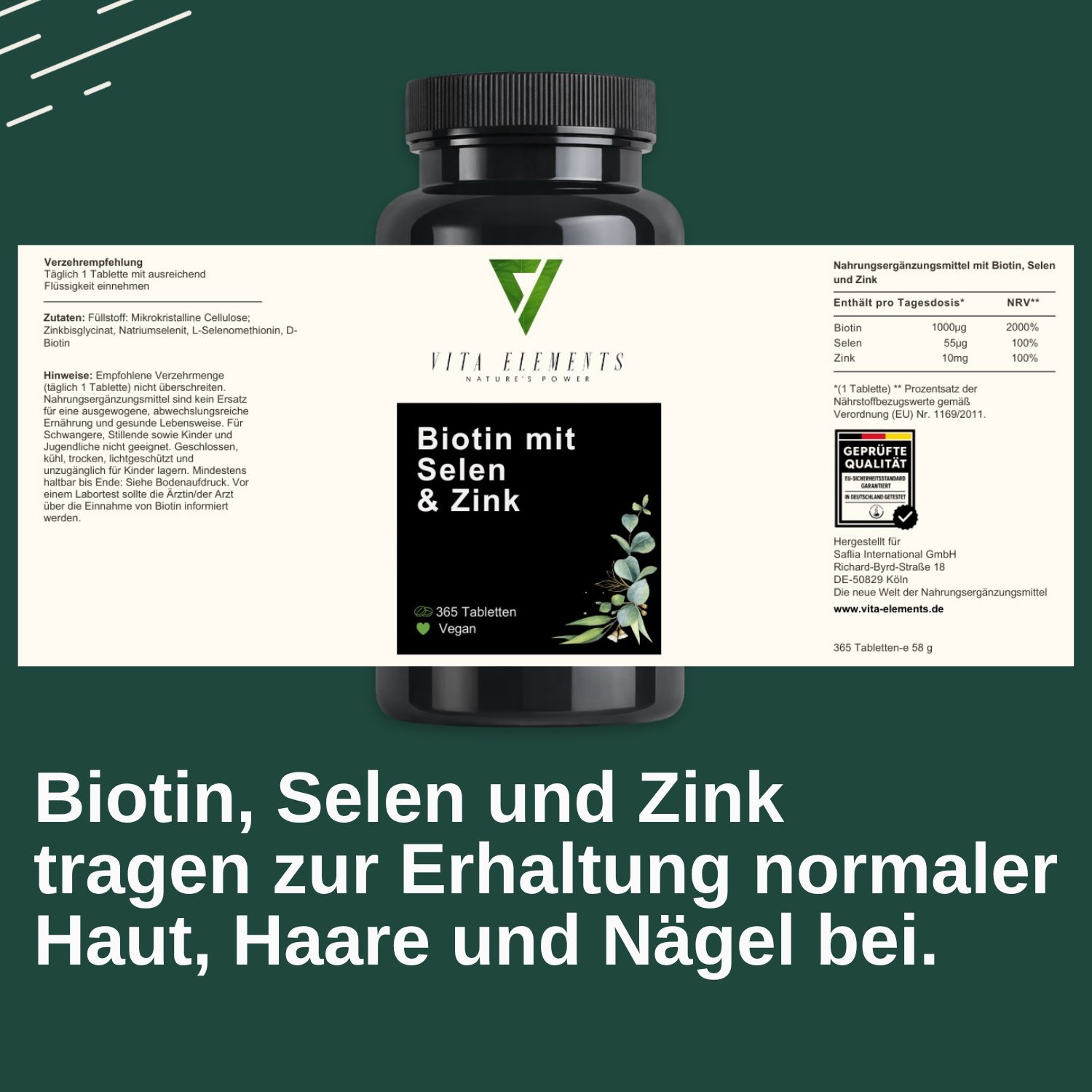 Flasche Vita Elements Biotine avec Sélénium et Zinc, 365 comprimés vegan.