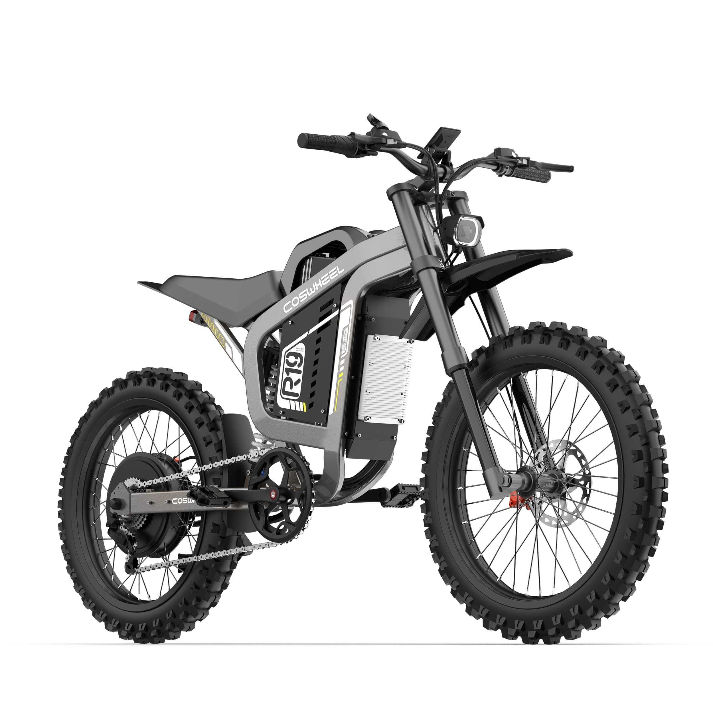 Graues COSWHEEL R19 Elektro-Dirtbike. Frontansicht. Schwarze Reifen, Scheinwerfer, Lenker, Akku-Gehäuse.