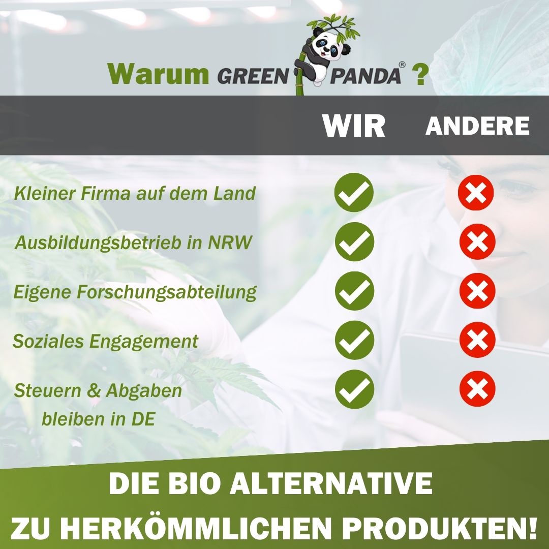 Grafik: Warum GreenPanda? Vorteile: kleine Firma, Ausbildung, Forschung, soziales Engagement, Steuern in DE.